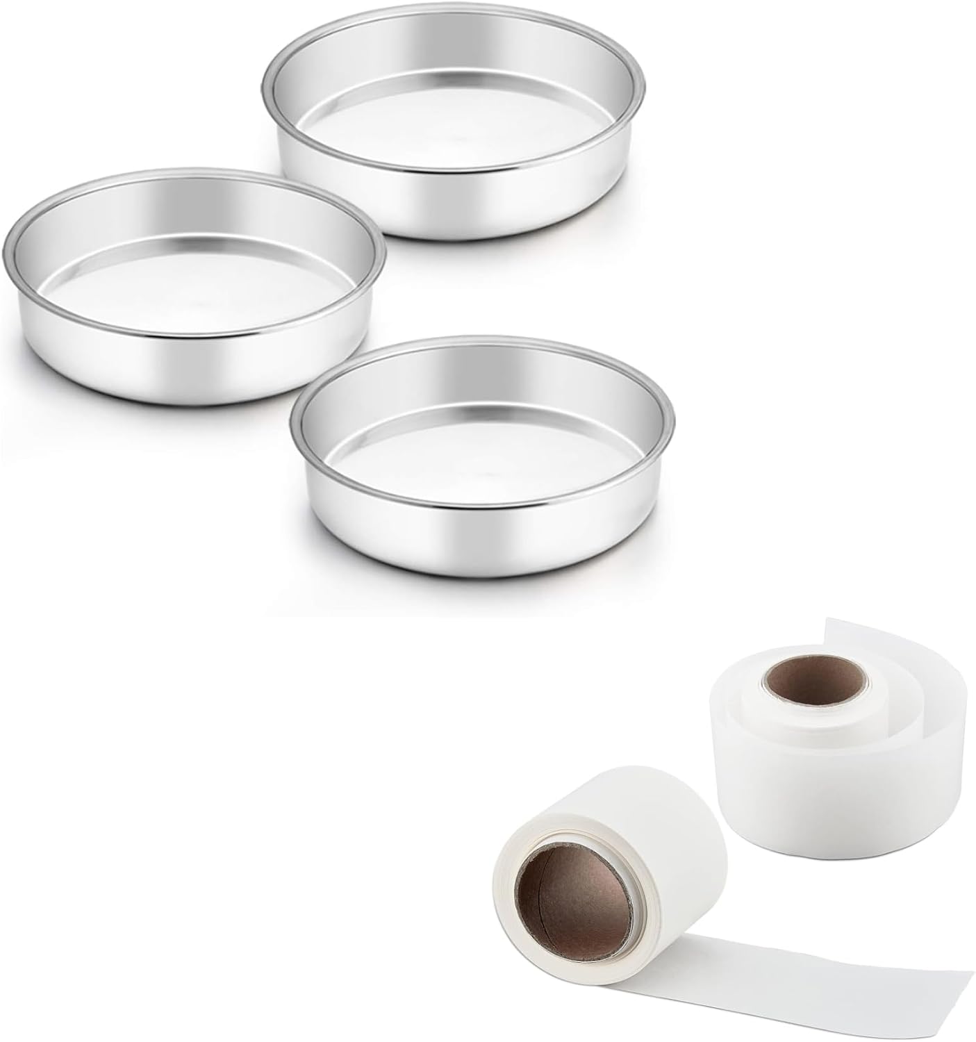 TeamFar Cake Pan Round Baking Tins Set Stainless Steel with Cake Pan Liner Paper Roll for Baking Roasting