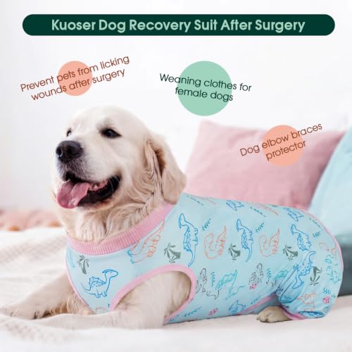 Image of Kuoser Dog Recovery Suit with Anti Licking Rear Leg Sleeve, Dinosaur M | Abdominal Dog Surgical Suit with Pants Cover Protect Wounds, Dogs Elbow Protector Soft Pet Surgery Onesie Cone Alternative