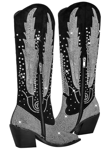 Knee High Cowboy Boots for Women Cowgirl Western Boots Rhinestone Bling Pointed Toe Chunky Heel Pull On Fashion Shoes Tall Black Boot3