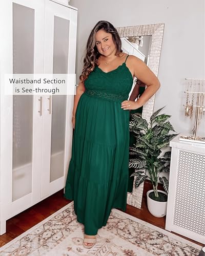 Image of Dokuritu Women's Beach Crochet Lace Maxi Dress Solid Color Summer Vacation Wedding Guest Spaghetti Strap Long Dress