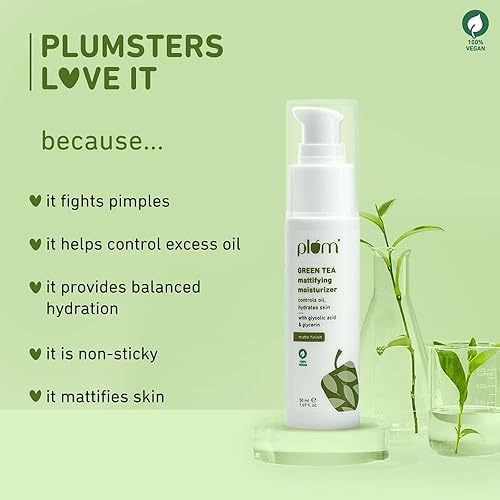 Miniatura 3 de Plum Hidratante facial matificante de té verde, acabado mate para piel propensa al acné y grasa, fórmula ligera y mate, fórmula no grasa, sin SLS ni