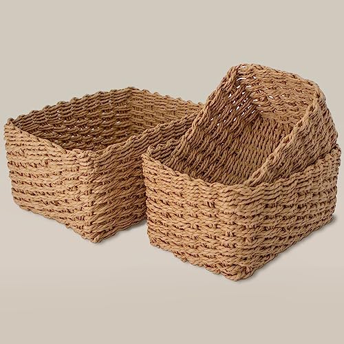 Image of Recycled Wicker Storage Basket, Paper Rope Storage Baskets for Organizing Container Bins for Shelves Cupboards Drawer, Small Woven Basket Set of 3