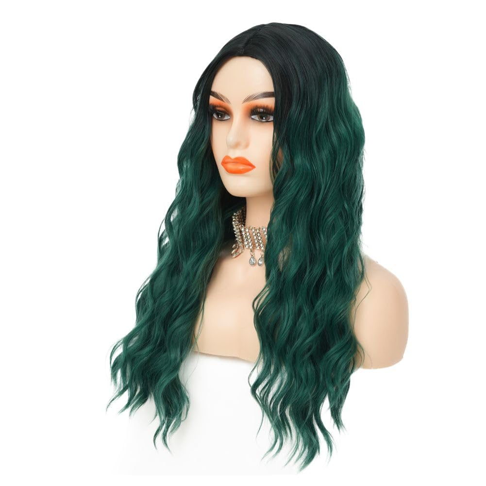 Siudus Green Wig Long Curly Wavy Wigs for Women Synthetic Black to Green Natural Hair Wig for Halloween Cosplay Party - Image 4