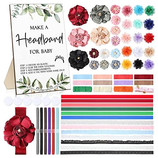 Geosar Baby Shower Games Headband Making Kit Baby Shower Headband Kit DIY Baby Headband Kit Wooden Game Sign 60 Elastic Hairbands Cute Flowers 10 Round Fabrics with Tape Measure for Baby Shower Game