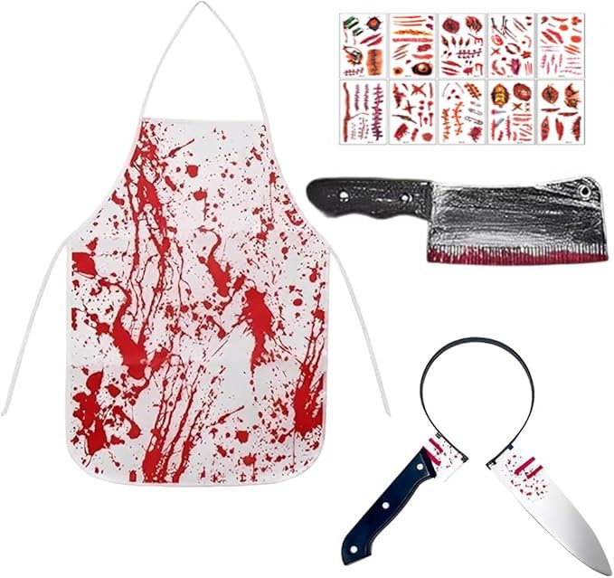 TaiXinYuly Disfarce de açougueiro de Halloween, disfarce de Halloween homem com avental sangrento, Halloween Horror Accessori com Tattoo Scars Zombie, para festas de terror Hallo-ween.