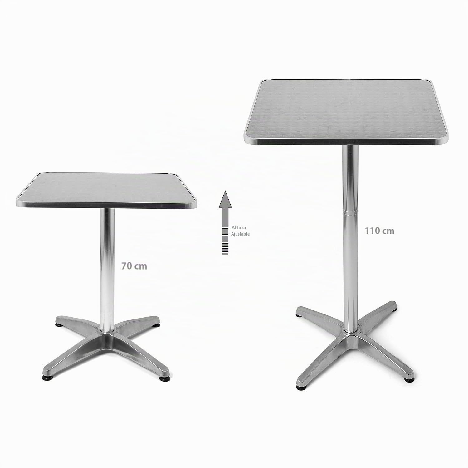 BAKAJI – Mesa de Bar Alta de Aluminio para Exterior 60 x 60 cm, con Altura Ajustable 70/110 cm, Bandeja de Acero Inoxidable, para Bar, bistró, casa, jardín, Restaurante