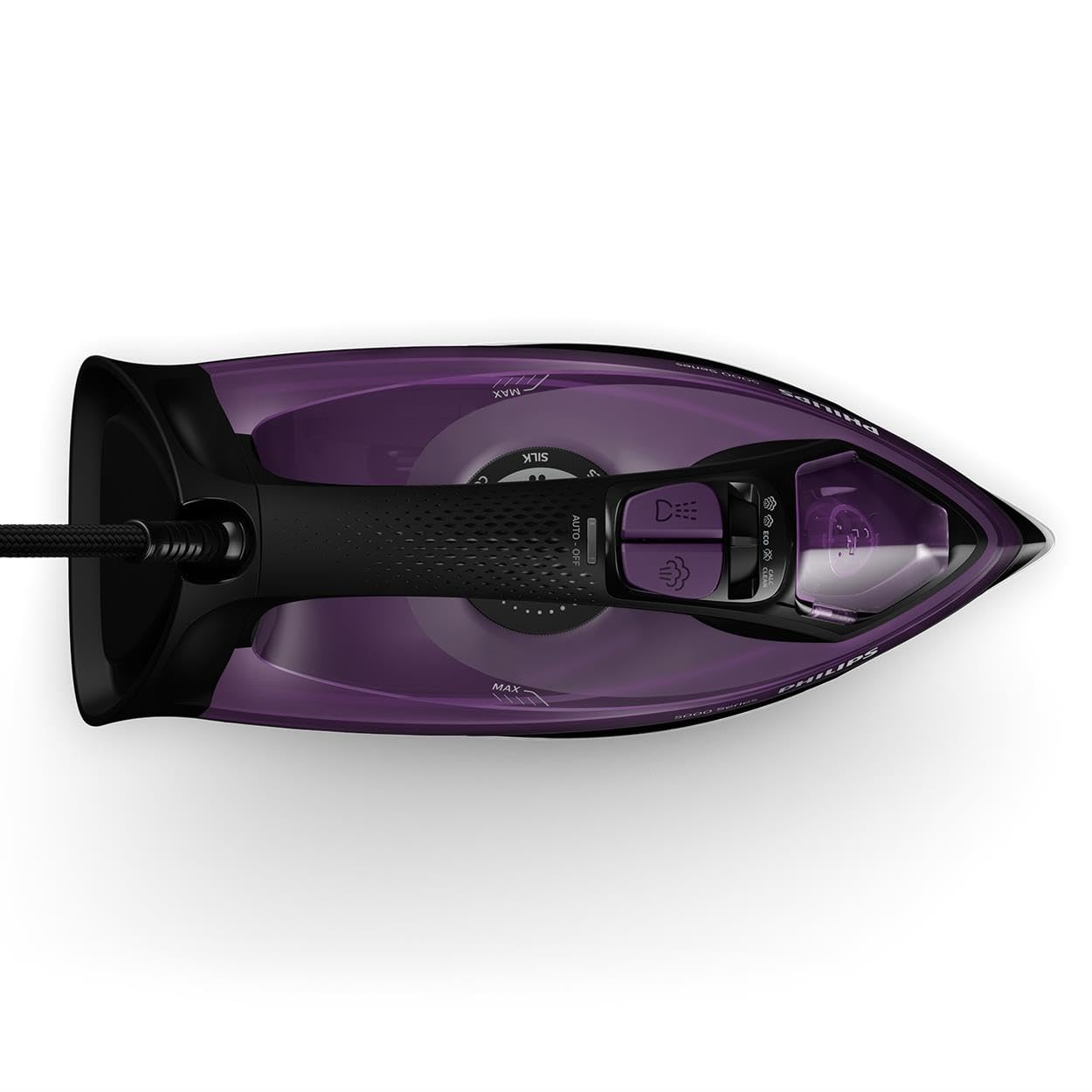 Philips Domestic Appliances 5000 Series Ferro da Stiro a Vapore - 2400W, Vapore 45g/min, Colpo di Vapore 180g, Stiratore Verticale, Piastra SteamGlide Plus, Nero/Viola (DST5030/80)