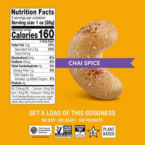 Image of Octonuts Chai Spice Cashews - Roasted in Almond Oil (5oz) Sweet Cinnamon & Spice Plant Based Protein - Healthy Snack for Adults & Kids - Vegan, Gluten Free & Non-GMO Verified