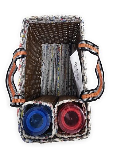 Image of Paperus, Brown Check, Large, Lunch Bag with 2 Bottle Holders, Picnic Basket, Travel Bag, Eco-Friendly, Handmade, of Paper Ropes, Length 14 inch, Height 11 inch & 7 Inch Broad Base