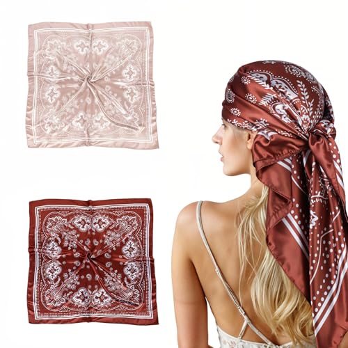 2 Pcs 33.46 Inches Vintage Satin Head Scarf Bandana for Women, Silk Hair Scarf Bandanas for Women Men Multipurpose Soft Square Scarves