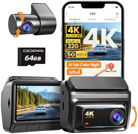 DDPAI 4K Dash Cam Front and Rear, Built-in 32G eMMC Dual Dash Car Camera,64GB Card Included Dashcam,Night Vision Dash Camera,5GHz WiFi, 7 Days Parking Mode,GPS,3