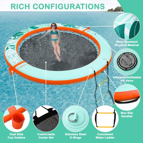 Image of Inflatable Water Hammock Floating Dock 8 FT with Mesh, Tanning Pool Raft Round Ring for Adults, Float Platform for Lake and Beach with Water Ladder and Cup Holder