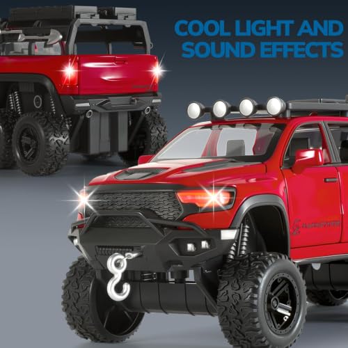 Image of RAM Mammoth Pick-Up Model Car 1:32 Exclusive Alloy Metal Pull Back Die-cast Car Die-cast Metal Pullback Toy car with Openable Doors & Light Music, Red Six Wheel