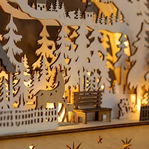 The Christmas Workshop Light Up Wooden Festive Scenes/Indoor Christmas Decorations/Warm White LEDs/Hand Crafted/FSC Approved (Christmas House with Forest)