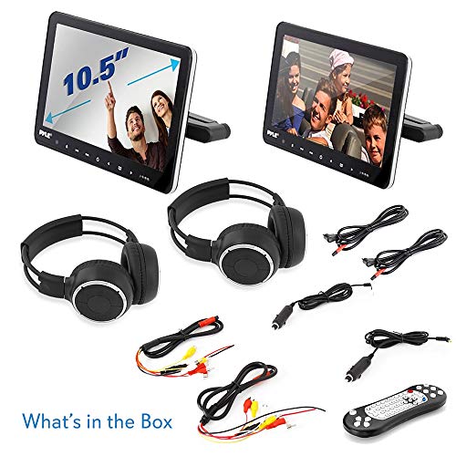 Universal Dual Vehicle Headrest Monitor - 10.5” Multimedia Cd And Dvd Player Audio Entertainment W/ Stereo Speaker, Hdmi, Lcd Screen, Mount And Wireless Headphones For Car Seat - Pyle Plhrdvd108Kt #TOP7
