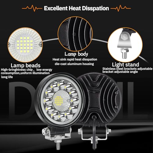 Image of Round LED Off Road Lights, 4 Inch 12V 24V LED Tractor Work Lights Pods, 120W 10000lm Offroad Driving Lights for Truck ATV UTV RV OTR Boat Pickup Golf Cart, 10PCS