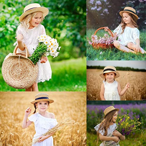 Unisex Kids Little Girls Sun Straw Hat Bowler Round Top Round Wide Brim with Black Bowknot Decor Summer Beach Foldable Visor Floppy Infant Hats C One Size4