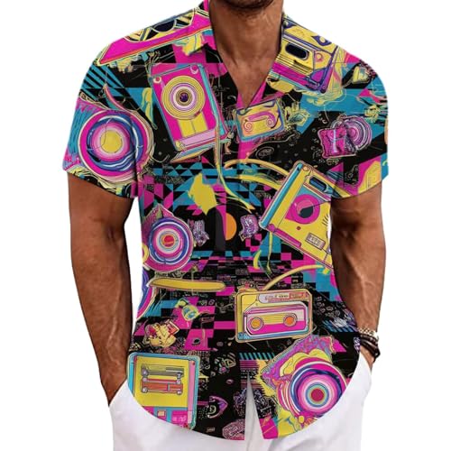 Herren Hawaiihemd 80er 90er Jahre Hemd Stil Kurzarm Bunt Retro Vintage Party Hemden Männer Karneval Fasching Outfit Neon Geometrisch Bad Taste Kostüm Regular Fit Faschingskostüm