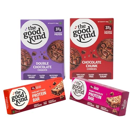 Image of The Good Kind Chocolate Chunk (1pack), Double Cookies (1 Pack) & Protein Bar (2 Pack)- 200gm, High Protein Cookies with Almond Butter & Millet Flour, Perfect for Snacking, Gluten Free, Palm Oil free & Vegan (Pack of 4)