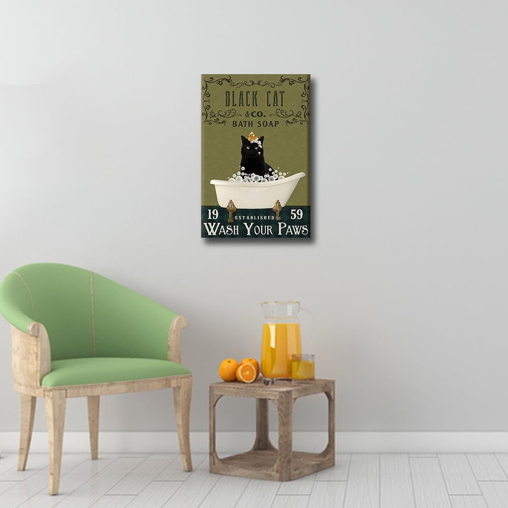 Black Cat Canvas Framed Horse Farmhouse Wall Art - Funny Bathroom Decor - Ready to Hang - 18" W x 12" H, Animals-31, 44L x 30W cm - Image 4