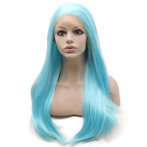 Miniatura 2 de iwonawig Straight Blue Wig Lace Front Synthetic Half Hand Tied Long Light Sky Blue Wig