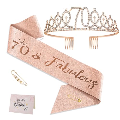70th Birthday Crown &Sash Pin Set Decorations for Women 70 Birthday Decorations for Her 70 Year Old Gifts Tiara