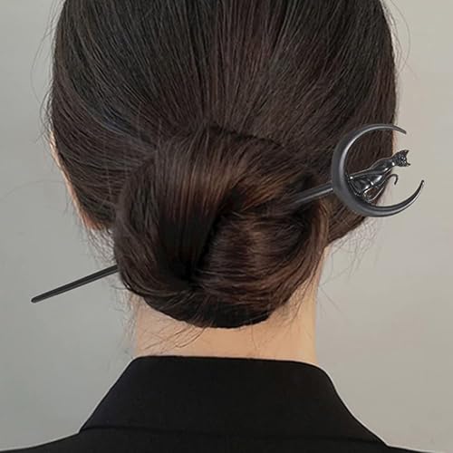 Miniatura 7 de 2 pines para peinar el cabello con diseño de luna y gato, color negro, con diseño de bruja Wicca, para festivales renacentistas, accesorios para el
