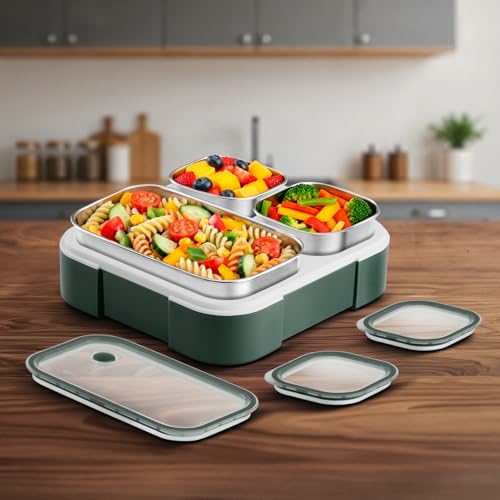 Image of VAYA Tydbyt Lunch Box for Boys, 3 Stainless Steel Containers, Slim Compact & Travel Friendly Tiffin Box for Office School, Ideal for Organized Meals, Green
