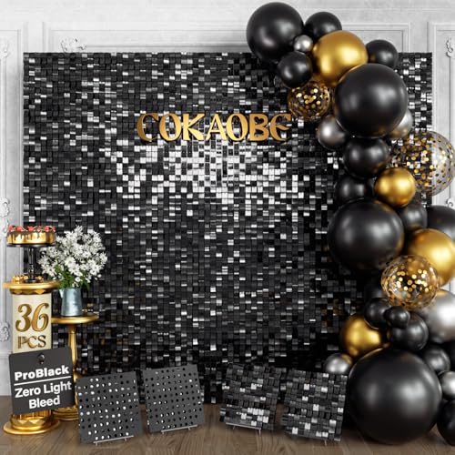 COKAOBE ProBlack Series Shimmer Wall Backdrop 36 Pcs Black Square Sequin Glitter Backdrop Panel Black Back Not See-Through Design Perfect for Birthday Graduation Wedding and Party Decoration