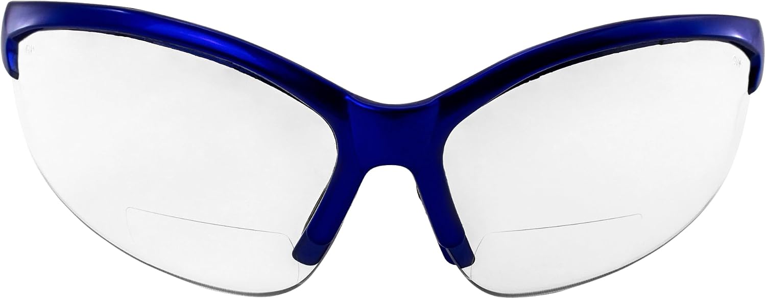 Global Vision Contender Bifocal Safety Glasses Blue Frame Clear Lens ANSI Z87+ for Men and Women Magnifying Reader 1.0 to 2.5