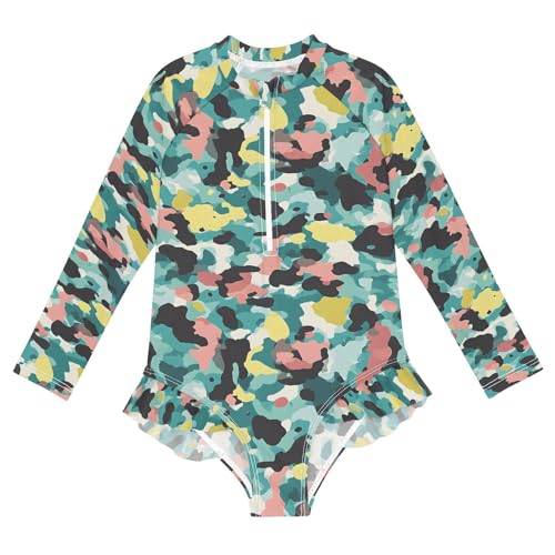 ALAZA Bright Yellow Black Green Camouflage Girls One Piece Swimsuit Long Sleeve Rash Guard Swimsuits UV 50+ Swimwear Zipper