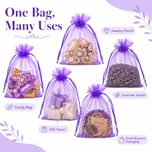 Image of Hopttreely Purple Organza Bags 4x6 in, 50PCS Drawstring Organza Bags, Sheer Mesh Jewelry Pouches, Lavender Wedding Party Festival Gift Bag Candy Pouches for Mother's Day, Party Favors