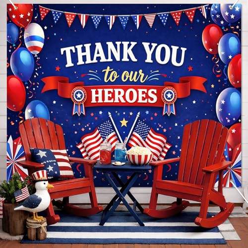 Image of BlissYard Thank You Heroes Backdrop 8x6ft 4th of July Patriotic Party Banner Veterans Appreciation Decorations Military Appreciation Decor Independence Day Celebration Patriotic Event Decoration