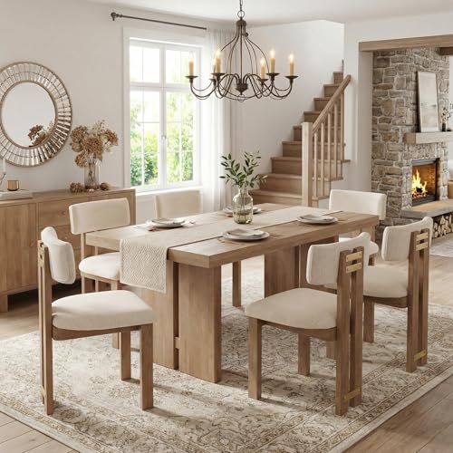 HNY Modern Farmhouse Linen Dining Chairs Set of 6, Beige Fabric Upholstered Dining Room Kitchen Chairs with Natural Wood Frame & Curved-Back, Armless Accent Wood Chairs for Dining Living Room