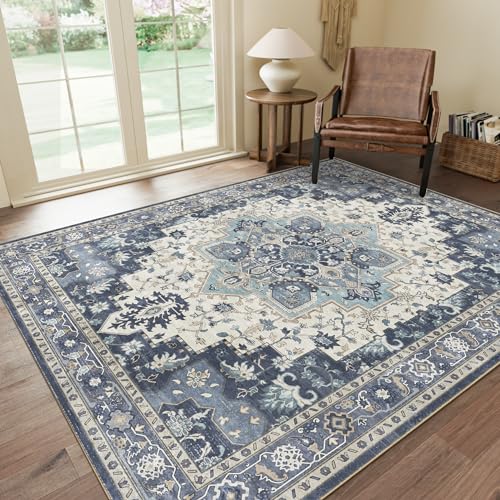 GENIMO 8x10 Area Rugs for Living Room, Machine Washable Non Slip Vintage Rugs, Low Pile Lightweight Chenille Print Rug for Bedroom, Dining Room, Home Office, Center Blue