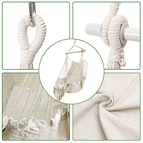 Rooity Hammock Chair With Tassels Hanging Rope Swing With 2 Cushions;Steel Spreader Bar With Anti Slip Rings;350Lbs Max;Cotton Woven Fabric For Bedroom,Patio,Porch,Deck-Indoor Outdoor White #TOP4