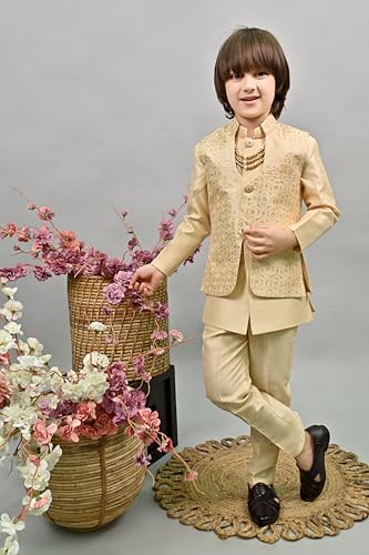 Image of AHHAAAA Kids Ethnic Bollywood Style Sherwani Waistcoat Kurta and Pyjama with Moti Mala for Boys