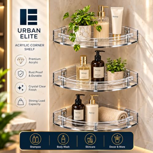 Image of Urban Elite Acrylic Bathroom Corner Shelf Set of 3 - Unbreakable Transparent Wall Mount Organizer (8 inch, 10 inch, 12 inch) | Rust-Proof, High Load Capacity Storage Rack for Bathroom, Kitchen & Home (Corner)