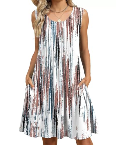 PICKLION Robe Ete Femme Mi Longue Robes Plage Boheme Robe Chic Floral sans Manche Robes avec Poches S-2XL StripedBlanc XL