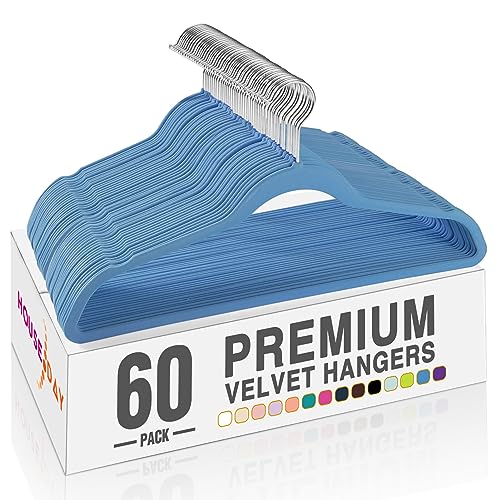 Image of HOUSE DAY Tranquil Blue Velvet Hangers 60 Pack, Non Slip Clothes Felt Hanger Heavy Duty for Coat, Premium Slim Space Saving Suit Hangers for Closet Organizer, 360 Rotating Silver Hook