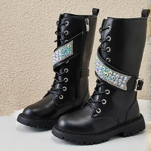 Girls Winter Leather Knee High Boots Fashion Sparkle Rhinestone Riding Boots Casual Lace-Up Side Zipper Combat Long Boot Shoes2