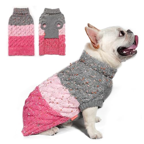KYEESE Dog Sweater Color Block with Fuzzy Thread Knitted Turtleneck Pet Knitwear with dots in a Variety of Colors for Small Dogs Fall Winter Dogs Clothes, Pink, M