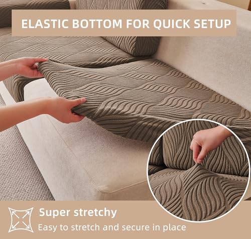 KaviKon Stretch Sectional Couch Covers, Wear Resistant Sofa Slipcovers Washable Soft Furniture Protector Anti Slip Couch Cushion Covers for Dogs Back Cushion Covers (1 Piece Back Cover, Wave Coffee) — view 4