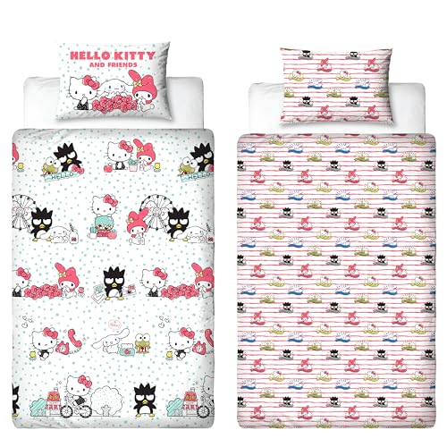 Parure de lit Simple Officielle Hello Kitty Character World | Parure de lit réversible Double Face avec taie d'oreiller Assortie