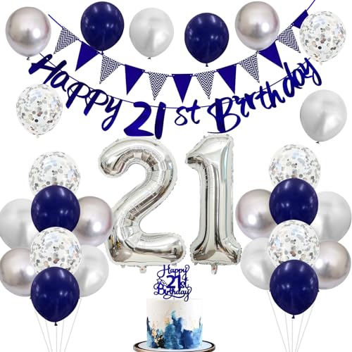 Image of 21st Birthday Decorations for Him Her, Happy 21st Birthday Banner with Blue Silver 21st Balloons Cake Topper Number 21 Foil Balloon for Men Women 21 Year Old Party Decoration