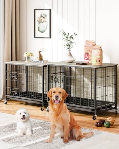 Dog Crate Furniture, 32.5'' Wooden Dog Kennel with Wheels and Double Door, Decorative Pet House with Removable Tray, Modern End Table, Metal Dog Cage for Living Room, Bedroom, Outdoors, Grey - Image 3