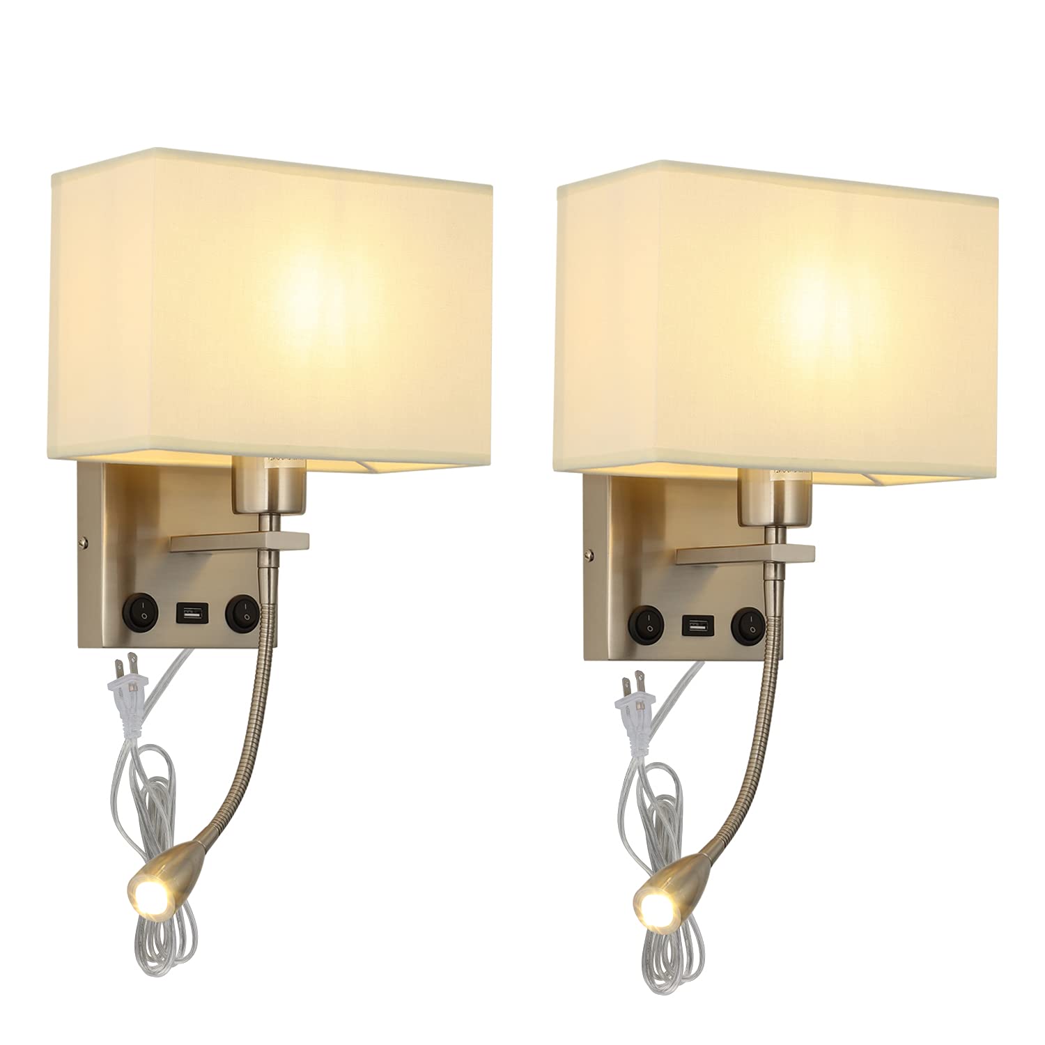 Liylan Wall Sconce Set of Two Modern Bedside LED Wall Light Plug in Cord for Bedroom with USB Port On/Off Switch Brushed Nickel