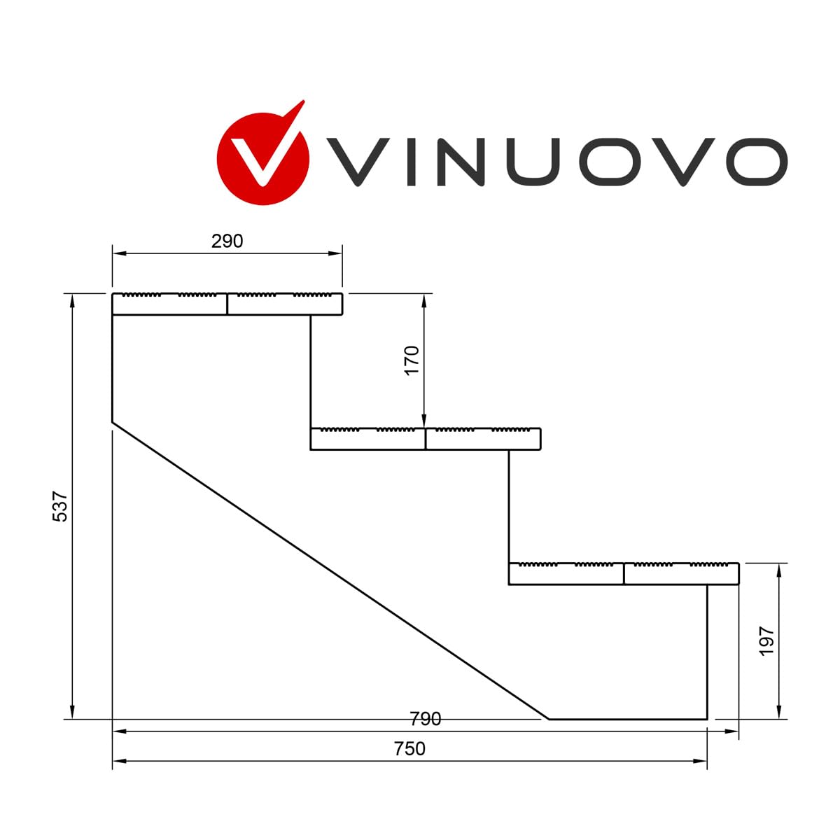 Scala esterna BERLIN, 3 gradini, Altezza 54cm, Larghezza 100cm, senza alzate, Scala in kit in Legno Autoclave- Vinuovo