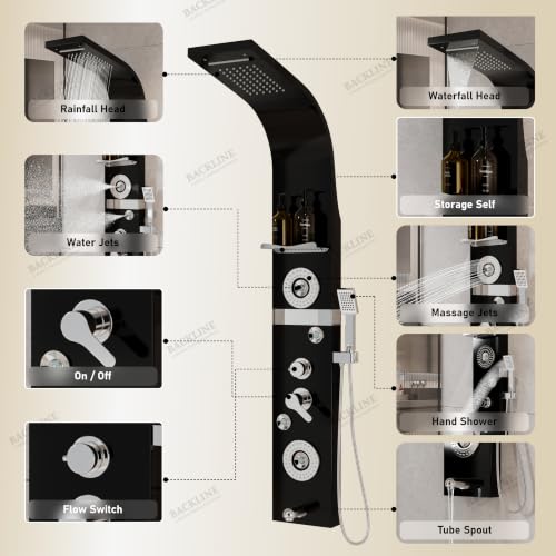 Image of Backline shower panel | 7 In 1 Shower System 304 Grade Stainless Steel | Shower With Storage Shelf, LED Rainfall Shower,Hot & Cold Adjustable,Massage Spray,Hand Shower & Water Spout