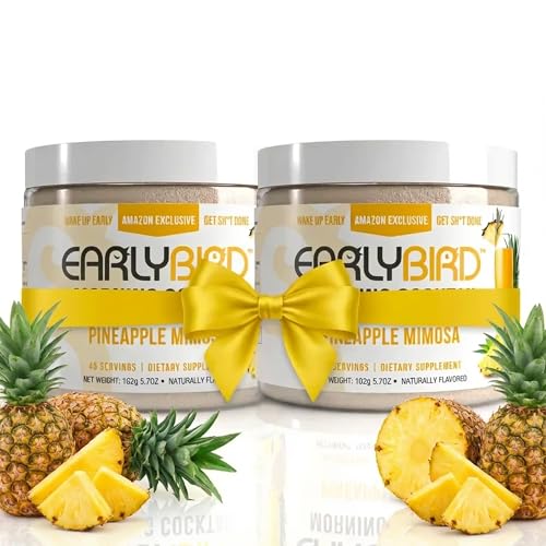 EarlyBird Energy Drink Powder, Morning Cocktail Pineapple Mimosa, Zero Sugar Electrolytes with Amino Acids, Electrolytes Powder & Caffeine Drink Mix for Morning Energy, Focus & Hydration, 90 Servings